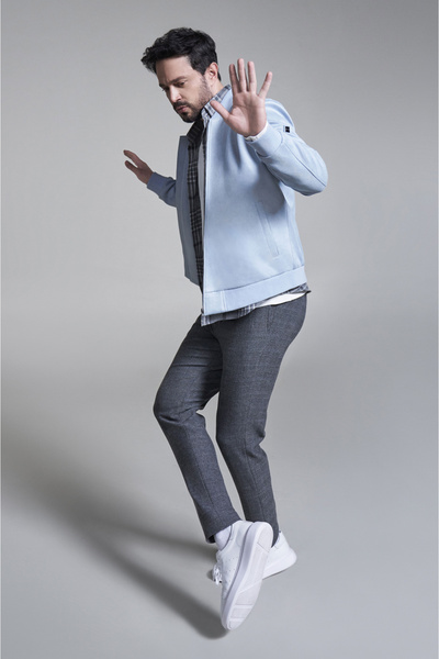 Avva Men's Blue Bomber Neck Zipper Suede Look Thin Coat A32Y6040