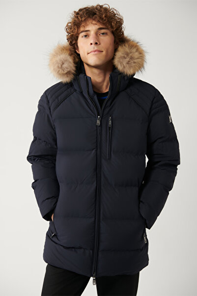 Avva Marineblaue Pufferjacke für Herren, Gänsefedern, wasserabweisend und winddicht, Kapuze und Pelzkragen, bequem