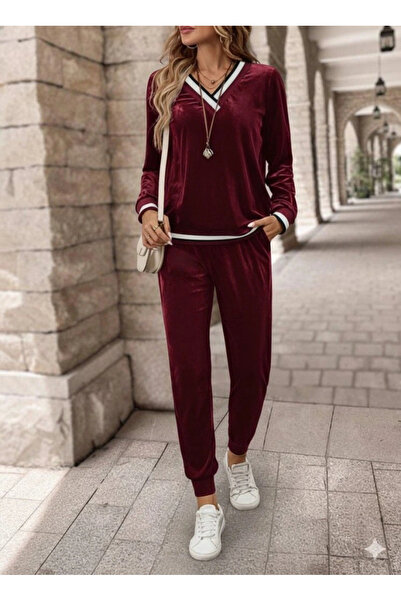 Modayakamoz Women's Long Sleeve V-Neck Velvet Blouse and Pants Two-Piece Set