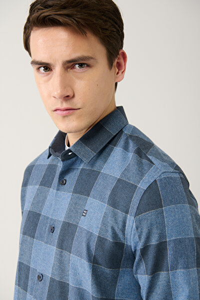 Avva Ανδρικό πουκάμισο φανέλας Navy Blue Lumberjack Easy-Iron A32y2105