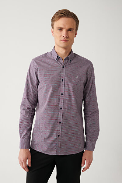 Avva Men's Burgundy 100% Cotton Buttoned Collar 100% Cotton Patterned Shirt A32Y2179