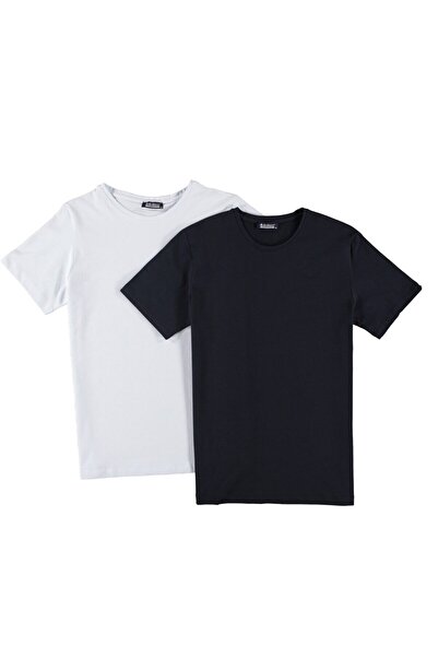 Dewberry Double Set T8569 Circular Neck Men's T-Shirt-White - Navy Blue