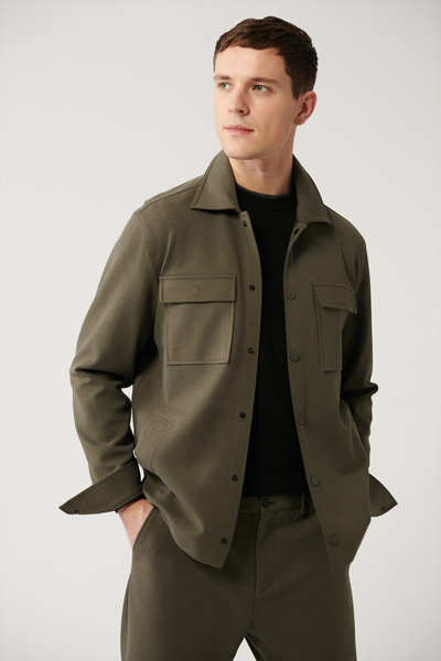 Avva Cămașă pentru bărbați kaki clasică cu guler diagonal cu buzunar dublu A32y2092