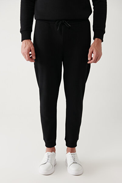 Avva Men's Black Lace-Up Waist 3 Thread Rasterless Printed Sweatpants A32Y3411