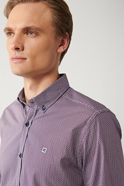 Avva Men's Burgundy 100% Cotton Buttoned Collar 100% Cotton Patterned Shirt A32Y2179