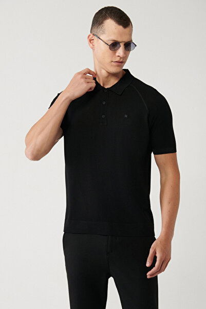 Avva Ανδρικό πλεκτό μπλουζάκι με μαύρα μανίκια με λεπτομέρεια από ρεγιόν A32y5018