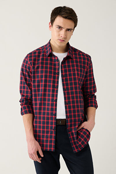 Avva Ανδρικό μπλουζ-κόκκινο βαμβακερό καρό φανελένιο πουκάμισο ξυλοκόπο A32y2158