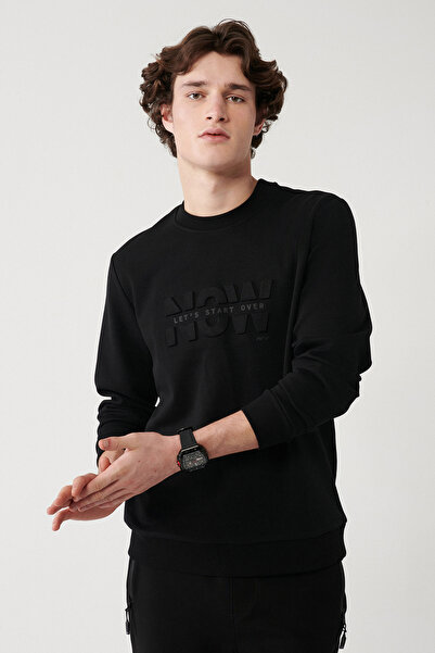 Avva Schwarzes Herren-Sweatshirt mit Interlock-Stoff und Rundhalsausschnitt, bedruckt, A32y1374