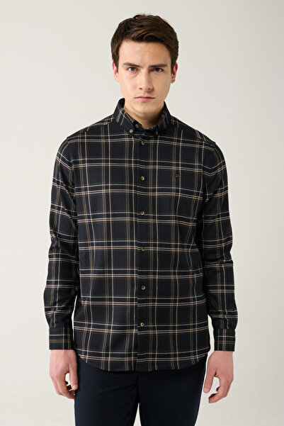 Avva Men's Brown Buttoned Collar Plaid Viscose Blended Lumberjack Shirt A32Y2186