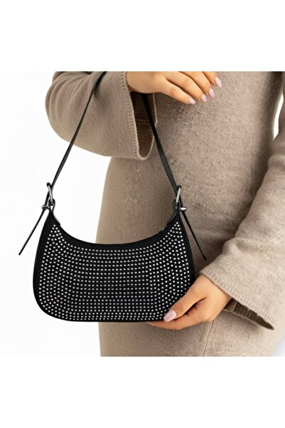 Madame Black Stone Shoulder Bag Baguette
