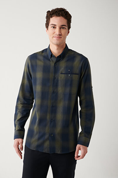 Avva Men's Khaki Buttoned Collar 100% Cotton Plaid Embroidered Shirt A32Y2142