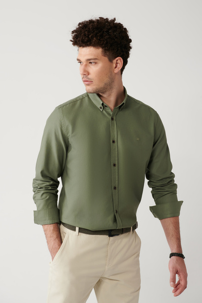 Avva Men's Khaki 100% Cotton Buttoned Collar Shirt A32Y2120