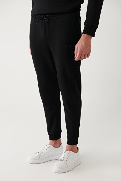 Avva Men's Black Lace-Up Waist 3 Thread Rasterless Printed Sweatpants A32Y3411