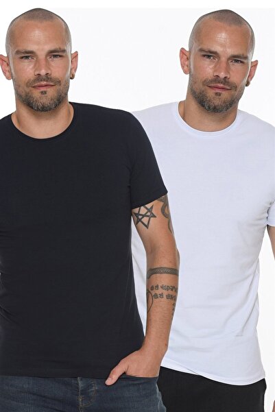 Dewberry Double Set T8569 Circular Neck Men's T-Shirt-White - Navy Blue