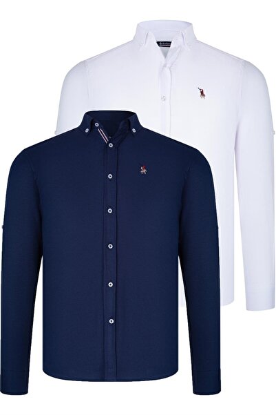 Dewberry Double Set G674 Men's Shirt-White-Dark Blue
