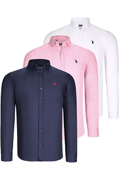 Dewberry Triple Set G725 Men's Shirt-White-Dark Blue-Pink