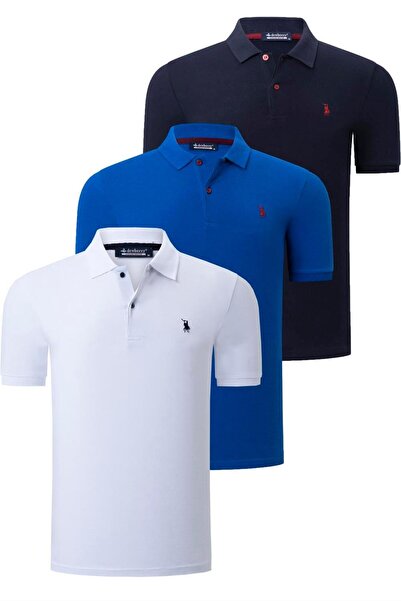 Dewberry ÜÇLÜ SET T8561 ERKEK T-SHIRT-LACİVERT-BEYAZ-SAKS