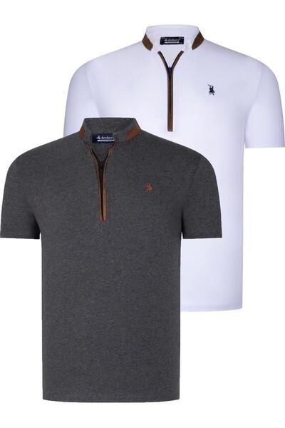 Dewberry İKİLİ SET T8571 DEWBERRY FERMUARLI ERKEK T-SHIRT-ANTRASİT-BEYAZ