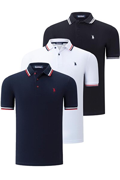 Dewberry Triple Set T8594 Men's T-Shirt-Black-White-Dark Blue