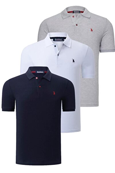 Dewberry ÜÇLÜ SET T8561 ERKEK T-SHIRT-LACİVERT-BEYAZ-GRİ