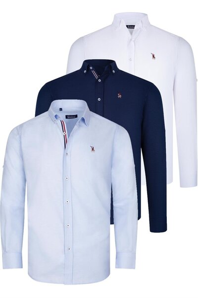 Dewberry TRIPLE SET G674 DEWBERRY MEN'S SHIRT-DARK BLUE-WHITE-LIGHT BLUE