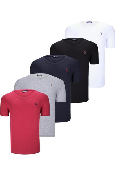 Dewberry BEŞLİ SET T8568 V YAKA ERKEK T-SHIRT-SİYAH-BEYAZ-LACİVERT-GRİ-BORDO