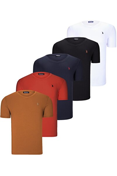Dewberry BEŞLİ SET T8568 V YAKA ERKEK T-SHIRT-SİYAH-BEYAZ-LACİVERT-KİREMİT-CAMEL