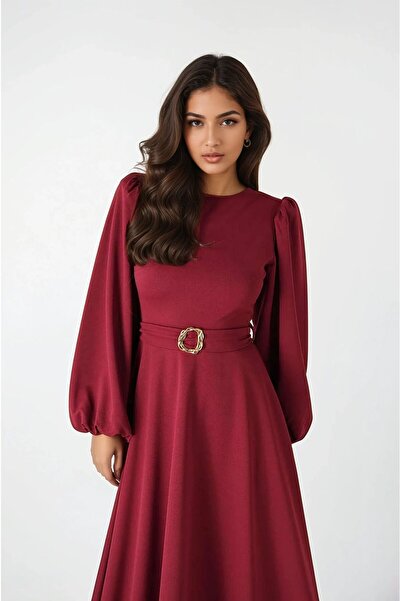 OLSAMODA KADIN PRENSES KOL KUŞAKLI VE TOKA DETAYLI ESNEK KUMAŞ MİDİ BOY SÖZ DÜĞÜN NİŞAN DAVET ELBİSESİ