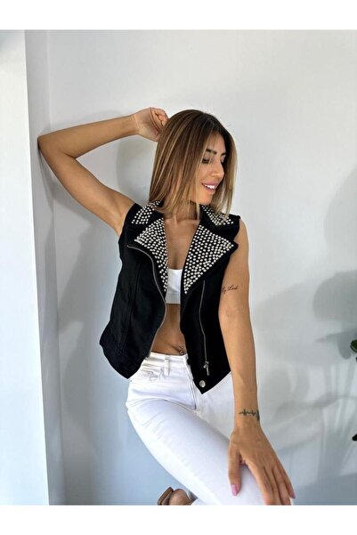 Ecenin Favorileri Women's Black Jean Studded Detailed Biker Vest