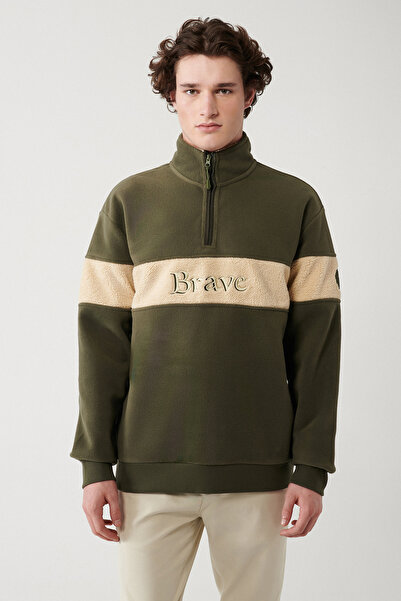 Avva Ανδρικό φούτερ φλις με μισό φερμουάρ Χακί A32y1298