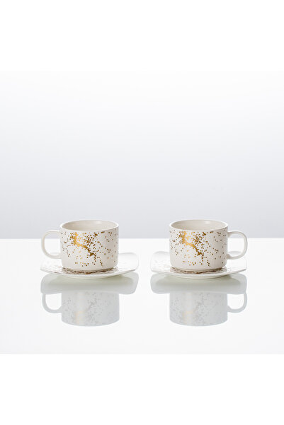 Malooki Set of 2 Porcelain Coffee Cups 150 ml with Square Saucer – Gold Splash