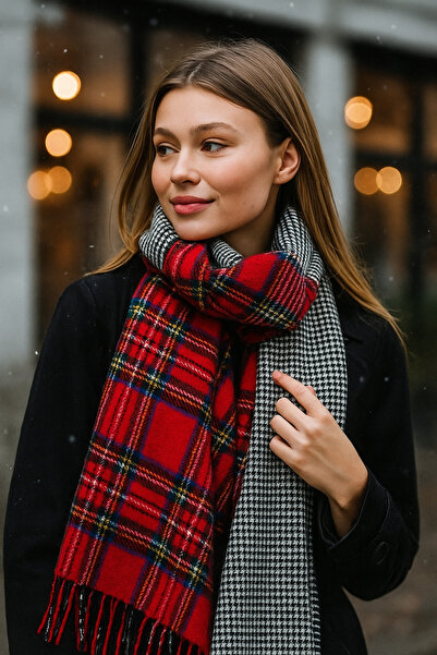 Luminos Butik New Year's Gift Women's Red Double Sided Plaid Patterned Scarf - Shawl 70X185 cm Sal1214