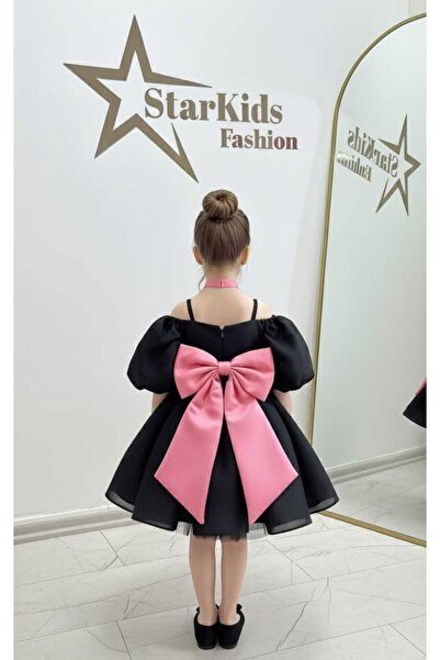 Star Kids Girls' Black Pink Bow Dress,Girls' Party Dress