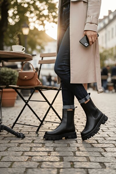 DİVOLYA Senni Μαύρες Πλαϊνές Ελαστικές Καθημερινές Μπότες με Χοντρή Σόλα