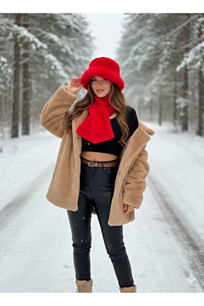 Luminos Butik Imported Red Plush Hat and Scarf Set - Premium Soft, Warm Winter Accessories Set02