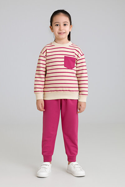 Şekerkids Girls' 100% Cotton Cream Pink Striped Long Sleeve Bottom-Top Set