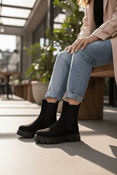 DİVOLYA Καθημερινά μποτάκια Senni Black Suede με ελαστική χοντρή σόλα