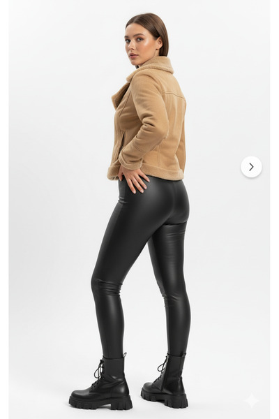 FV Women's Black Raised Wool Inside High Waist Full Pattern Lycra Leather Leggings Trousers