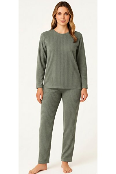 MEYİCA Women's Khaki Green Ribbed Textured Long Sleeve Pajama Set