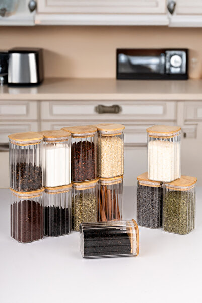 naturelove 12'li Bambu Vakum Kapaklı Pinterest Tasarım Baharatlık, Borosilikat Cam Mini Kavanoz 250 ml