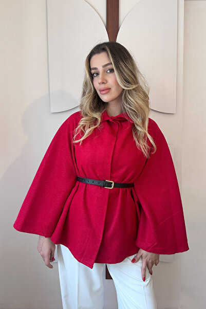 ECOTİQUE Kadın Kırmızı Gold Düğme Detaylı Panço Pelerin Kemerli Kaşe Dokulu