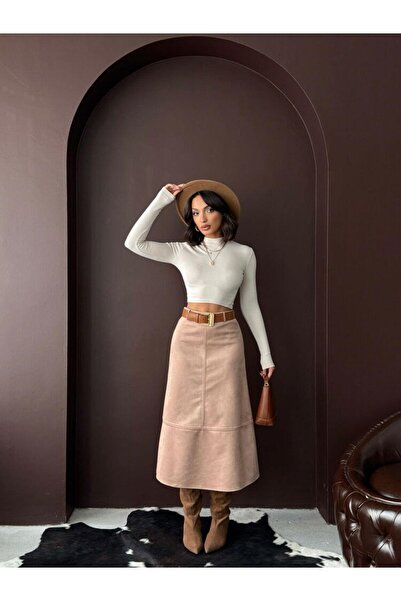 Ecenin Favorileri Scuba Suede Midi Length Women's Skirt