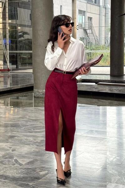 Ecenin Favorileri Fusta midi din piele intoarsa burgundy cu fanta in fata