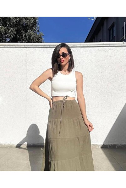 Ecenin Favorileri Lined Khaki Layered Long Skirt
