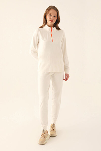 Arnetta Zipper Detail White Women's Long Sleeve Pajama Set