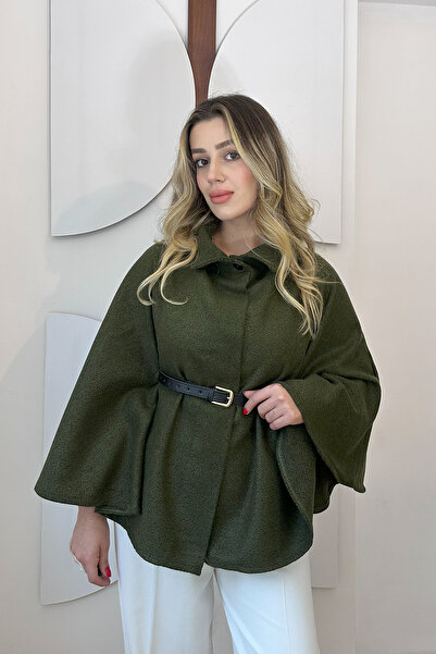 ECOTİQUE Kadın Haki Gold Düğme Detaylı Panço Pelerin Kemerli Kaşe Dokulu Kaban