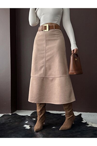 Ecenin Favorileri Scuba Suede Midi Length Women's Skirt