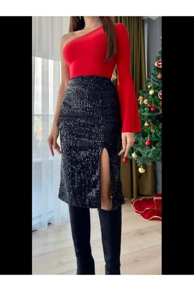 Ecenin Favorileri Fusta de Anul Nou cu fante brodata cu paiete cu talie elastica