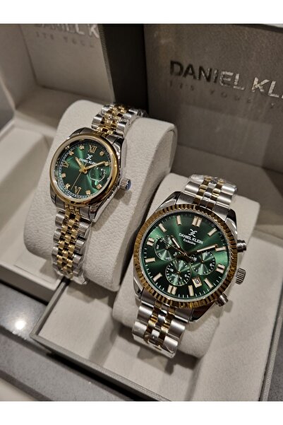 Daniel Klein Green Dial Dear Yellow Steel Bracelet Wrist Watch - Set of 2