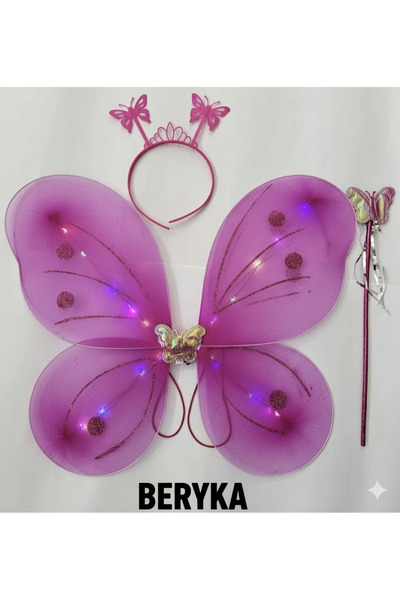 Beryka Mor LED Işıklı Kelebek Kanat Seti - Taç ve Değnekli - Kız Çocuk Kostümü